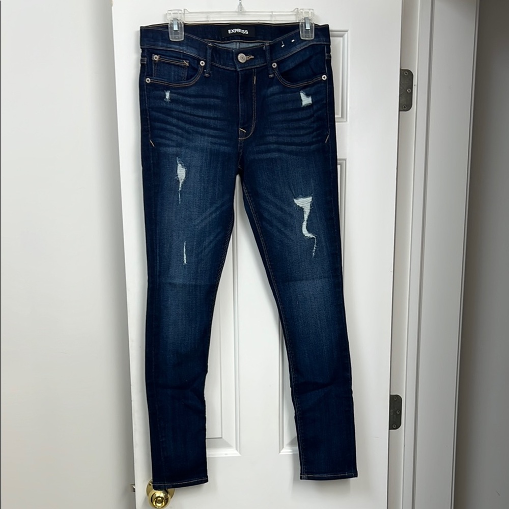 Express Women's Dark Blue Jeans Leggings Mid Rise distressed Sz 6
